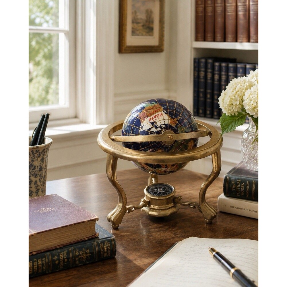 Globe Lapis Lazuli with Gemstones, Compass and Gold Plated Brass Stand